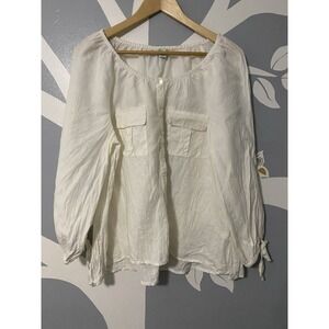 Sundance Boat Neck Linen Boho Peasant Tunic Blouse Size PL Half Button Lagenlook